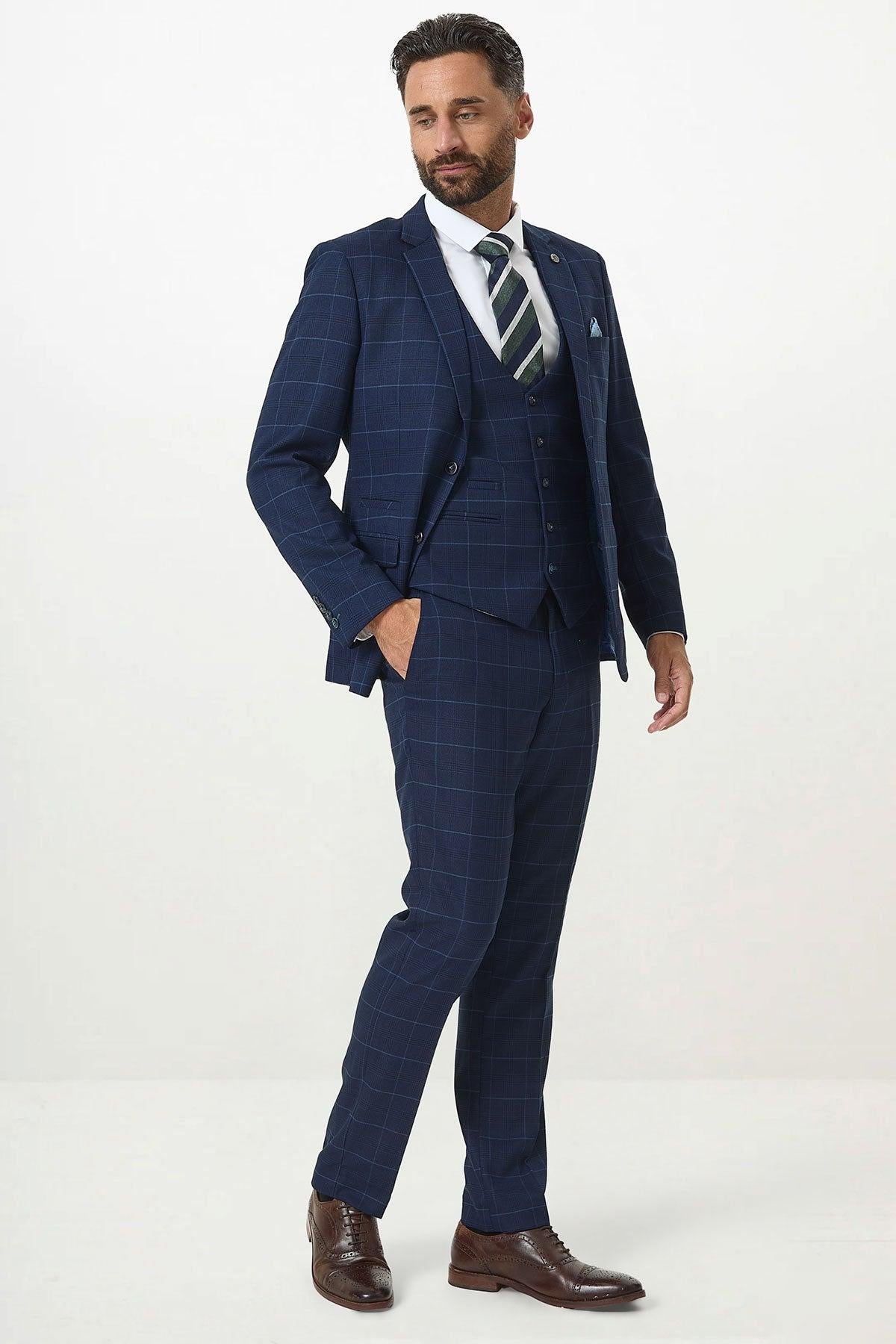 EDINSON - Navy Sky Check Three Piece Suit – Marc Darcy