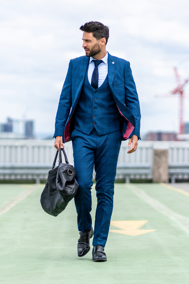 JERRY Blue Check Suit With Single Breasted Waistcoat
