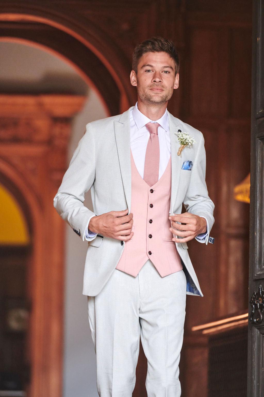 BROMLEY - Stone Check Suit with Kelvin Pink Waistcoat Marc Darcy BROMLEY - Stone Check Suit with Kelvin Pink Waistcoat Marc Darcy