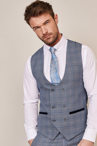 HILTON - Blue Tweed Check Double Breasted Waistcoat