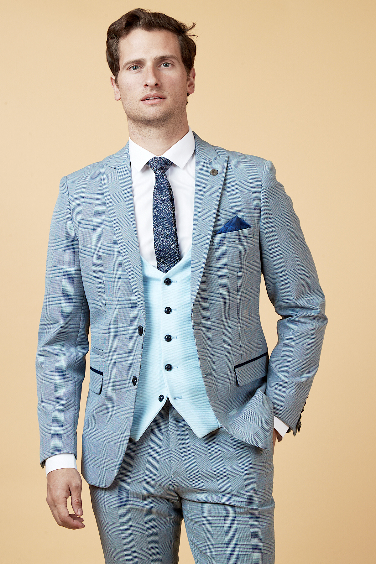 BROMLEY - Sky Check Suit with Kelvin Sky Waistcoat-SUITS-Marc Darcy-Marc Darcy