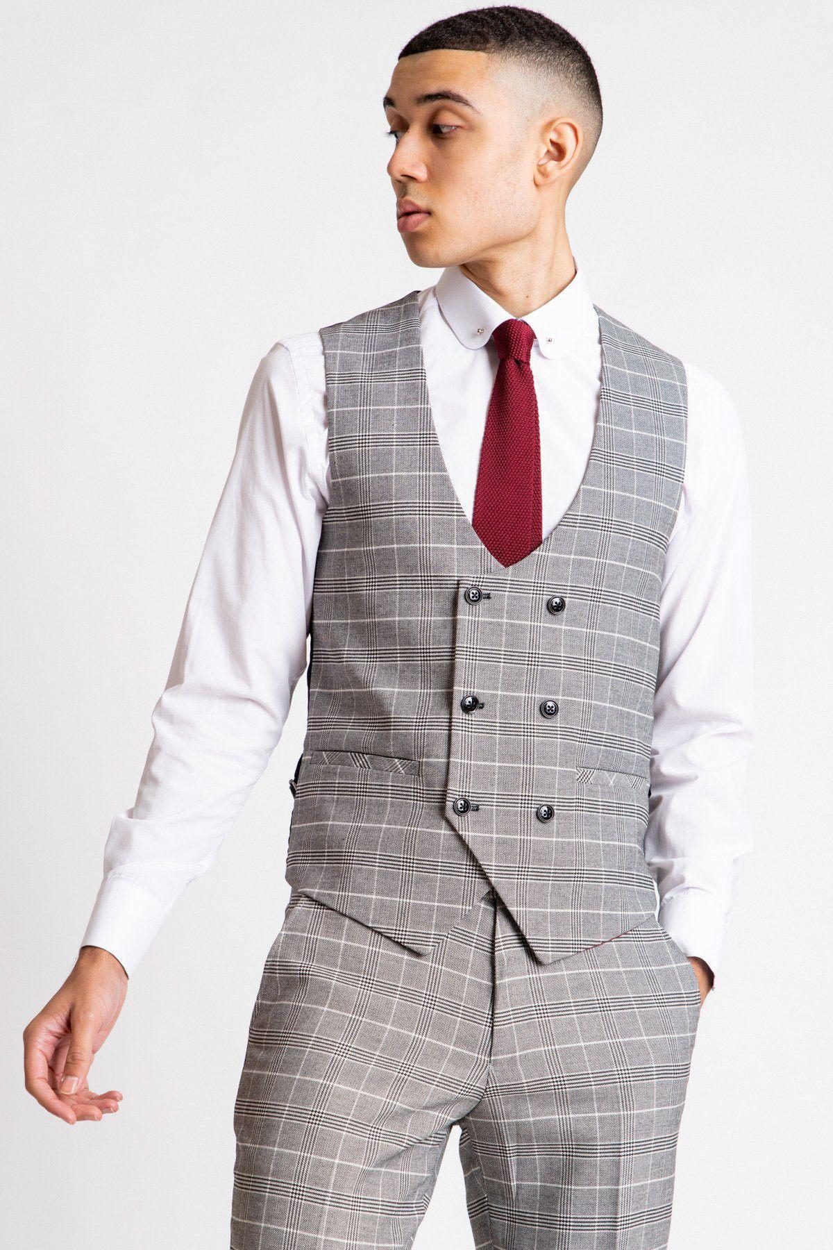 Man wearing Ross Grey Check double-breasted waistcoat and trousers - Marc Darcy Menswear