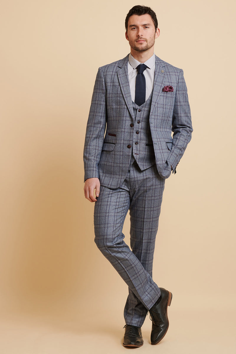 ABBOTT - Blue Tweed Check Three Piece Suit – Marc Darcy