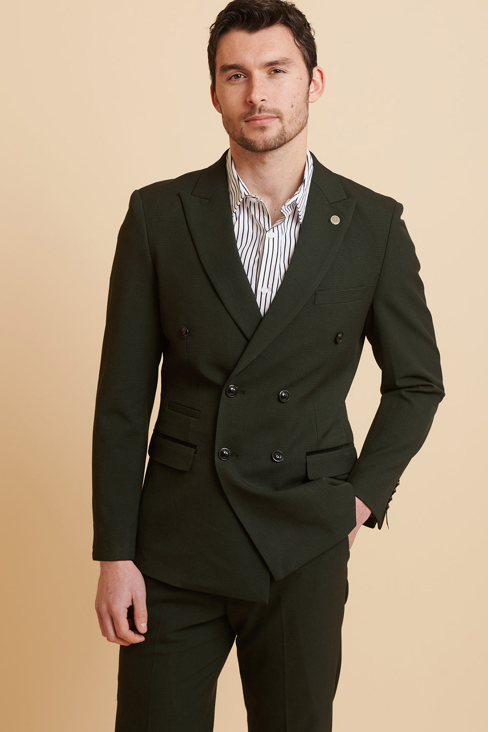 BROMLEY - Olive Green Double Breasted Check Blazer