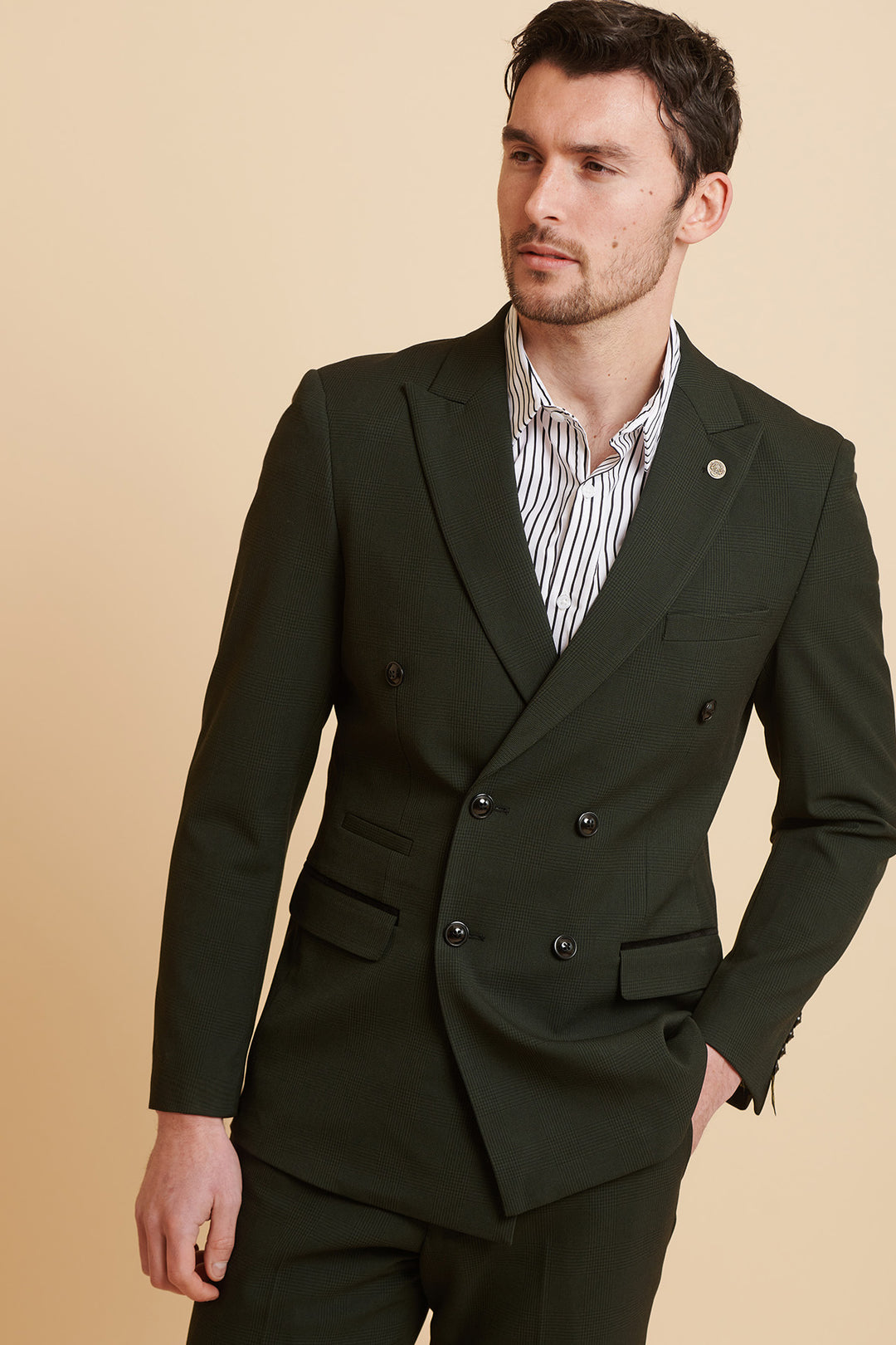 BROMLEY - Olive Green Double Breasted Check Blazer