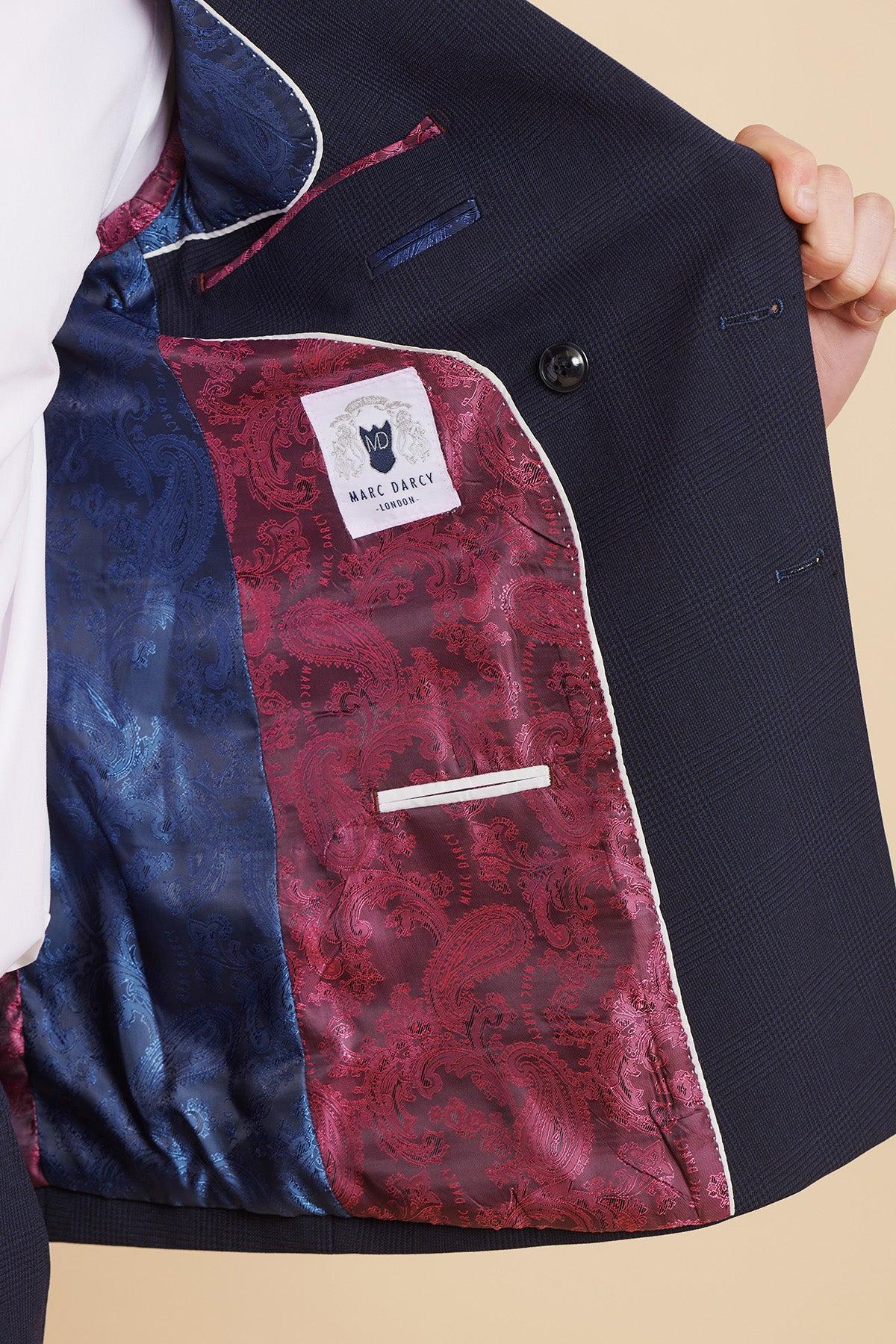 Close-up of the Official West Ham United Club Suit | BROMLEY Navy Double Breasted Suit by Marc Darcy. The lining features a rich burgundy and navy paisley pattern with a Marc Darcy London label—refined for any formal menswear collection.