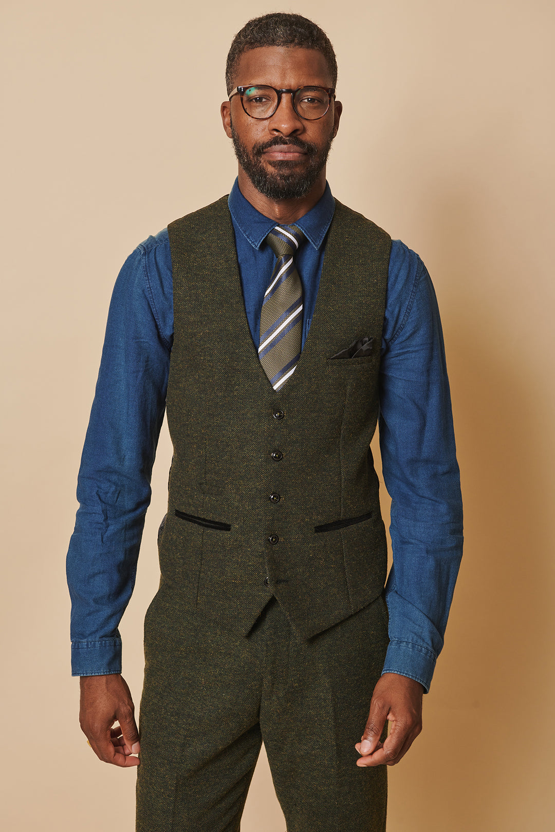 MARLOW Olive Green Tweed Single Breasted Waistcoat