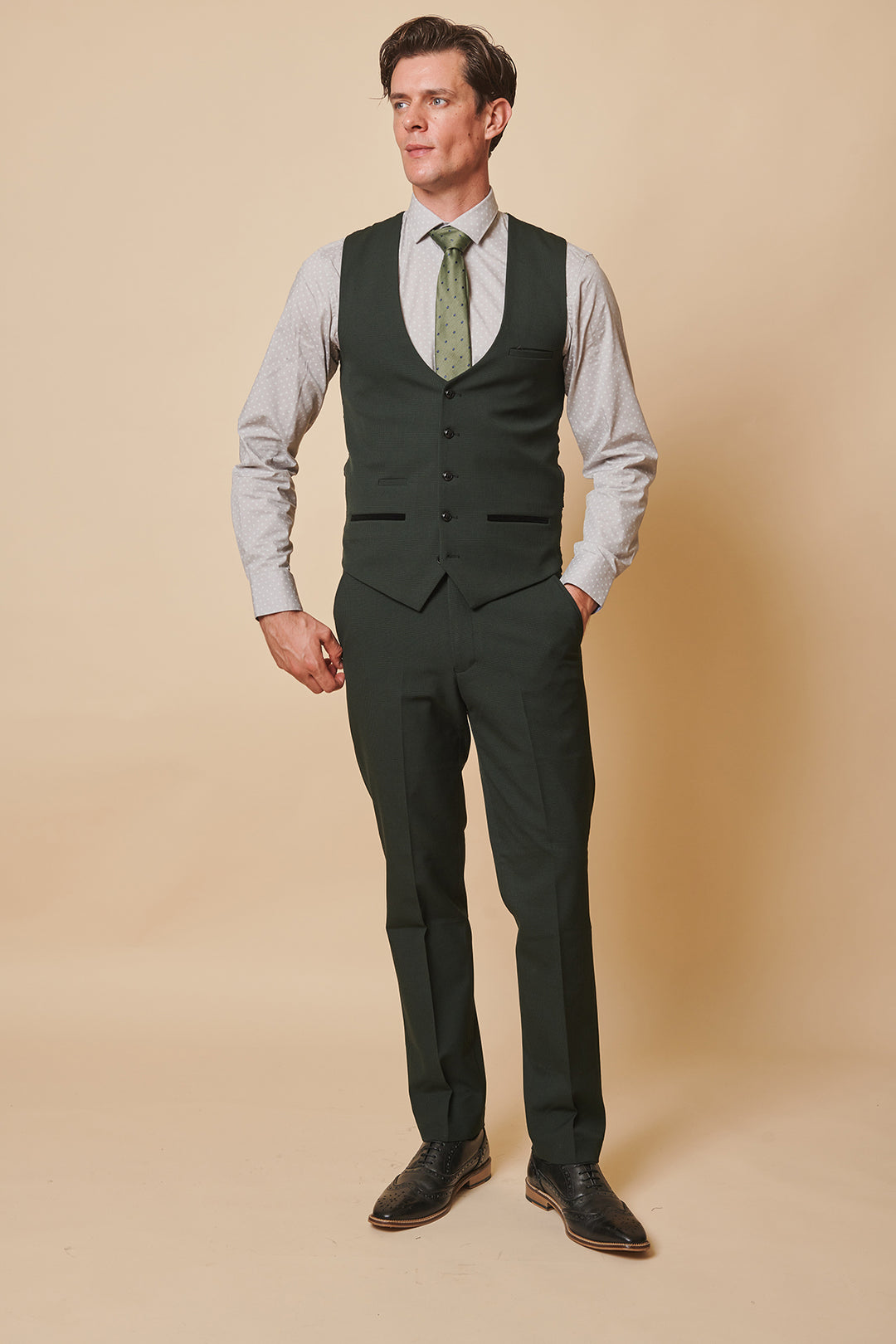 BROMLEY - Olive Green Single Breasted Check Waistcoat