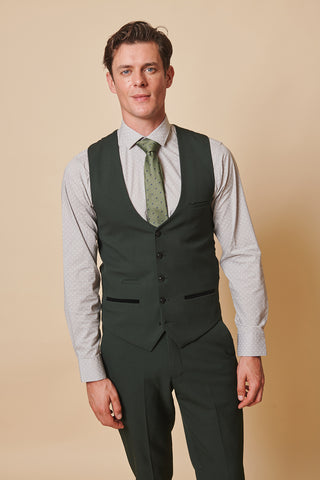 BROMLEY - Olive Green Single Breasted Check Waistcoat