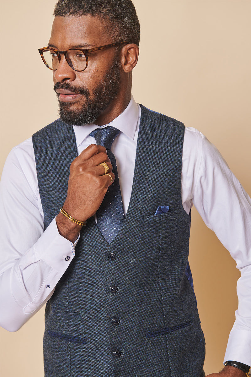 MARLOW - Blue Tweed Single Breasted Waistcoat – Marc Darcy