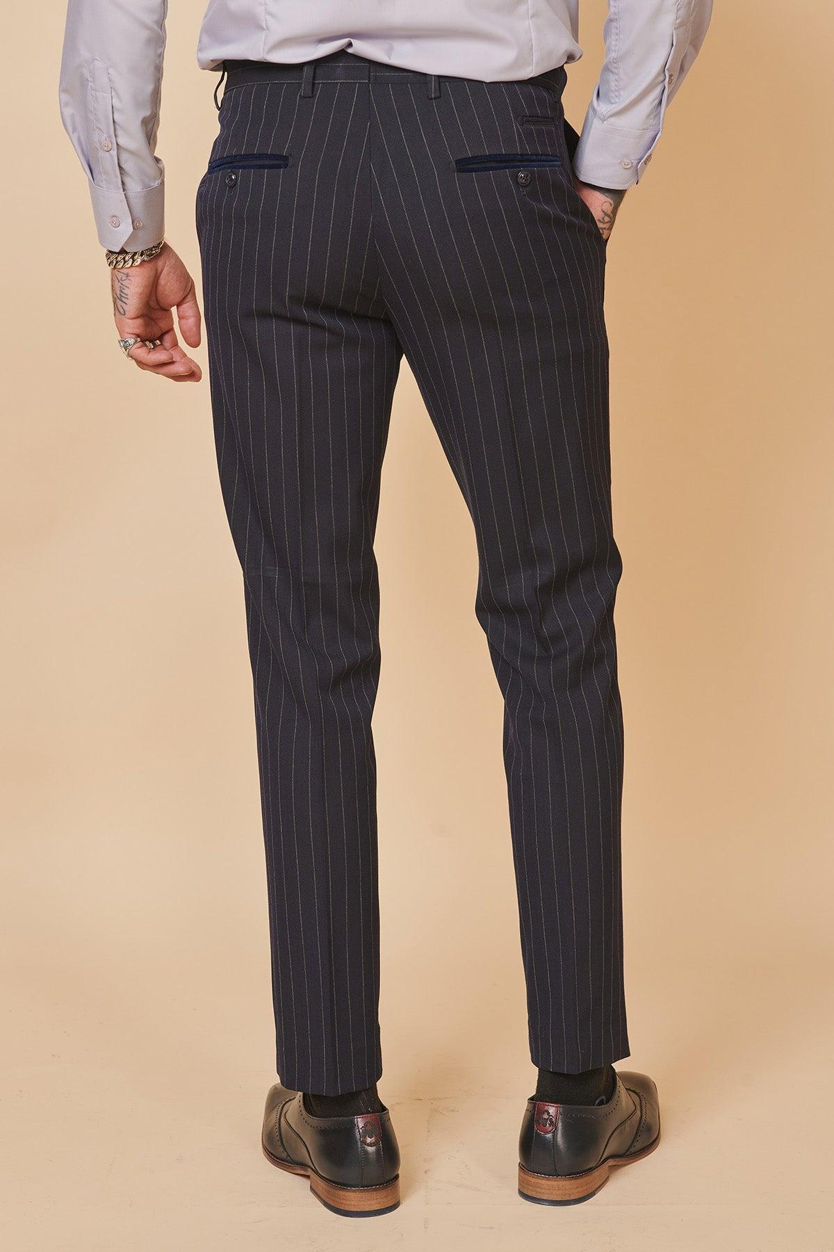 Back view of Coronation Street's Mason Radcliffe (Luca Toolan) wearing the Marc Darcy ROCCO navy pinstripe double breasted two piece suit.