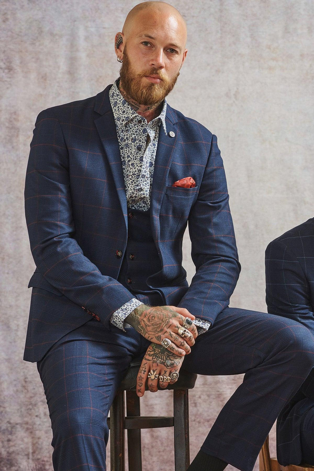 EDINSON - Navy Wine Check Three Piece Suit Marc Darcy EDINSON - Navy Wine Check Three Piece Suit Marc Darcy