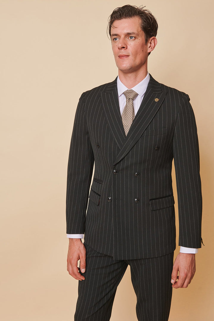 Coronation Street's Mason Radcliffe (Luca Toolan) In ROCCO Black Pinstripe Double Breasted Two Piece Suit