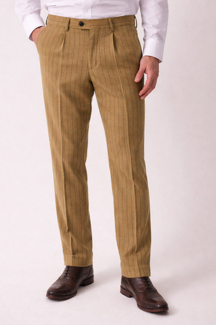 A person models the marcdarcy HANSON - Moss Tweed Pinstripe Three Piece Suit against a plain light background, with their face not visible.