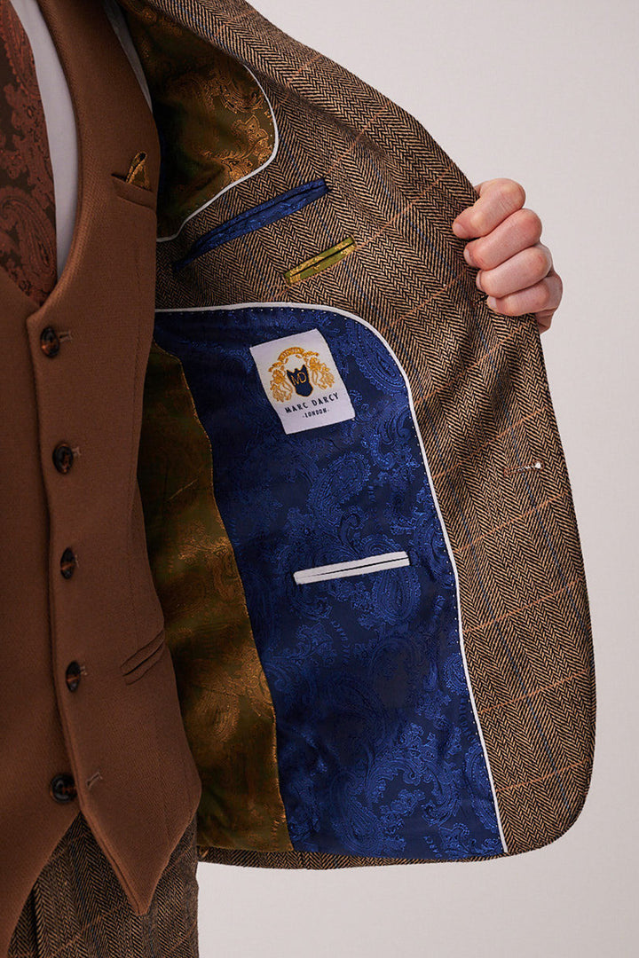 The marcdarcy DX7 Tan Tweed Check Suit with Kelvin Oak Waistcoat features vintage-inspired style, ideal for country weddings or smart events.
