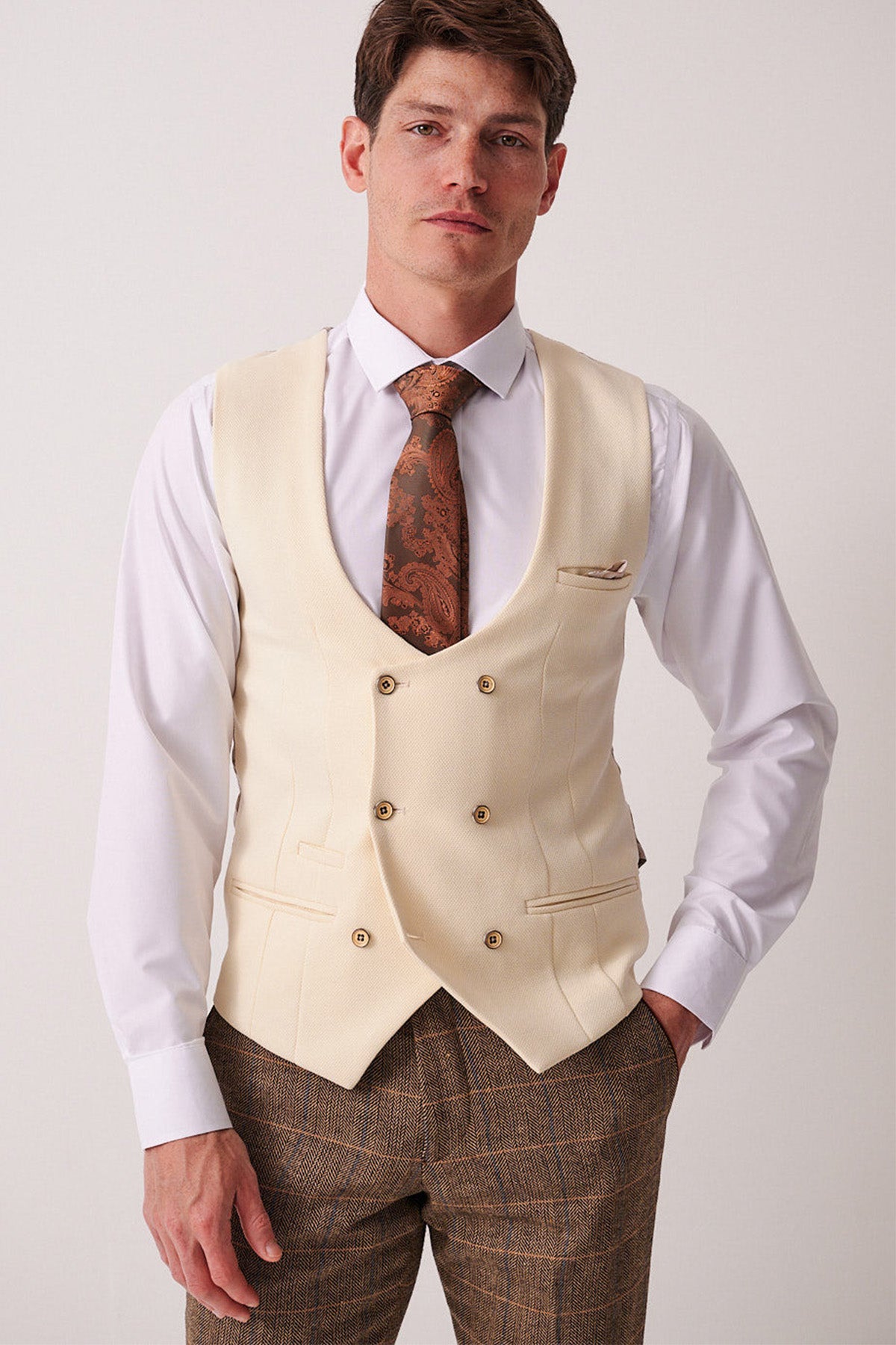 Tan Tweed Check Suit With Kelvin Cream Waistcoat – Marc Darcy