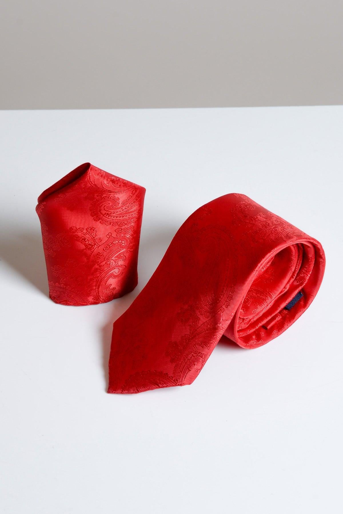 The MD PAISLEY - Red Paisley Tie and Pocket Square Set by Accessory is displayed on a white surface.