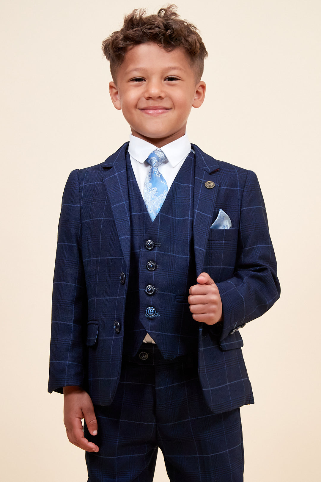 EDINSON - Children's Navy Sky Check Print Three Piece Suit