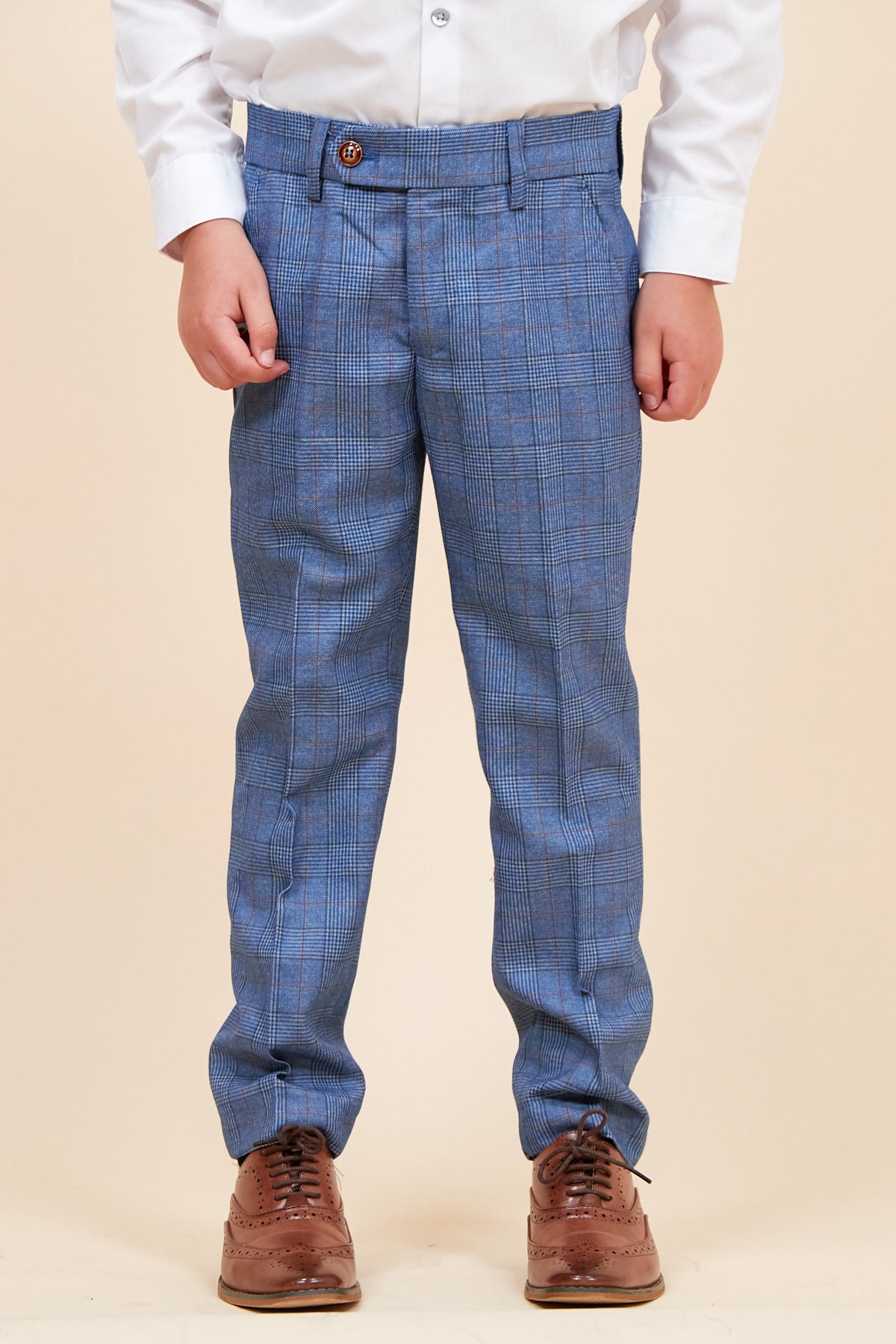 A child models the marcdarcy GEORGE Childrens Light Blue Check Three Piece Suit, standing against a beige background. The image is cropped at the shoulders, showing only the body from the neck down.