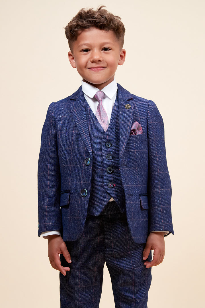 HARRY - Childrens Indigo Tweed Check Three Piece Suit