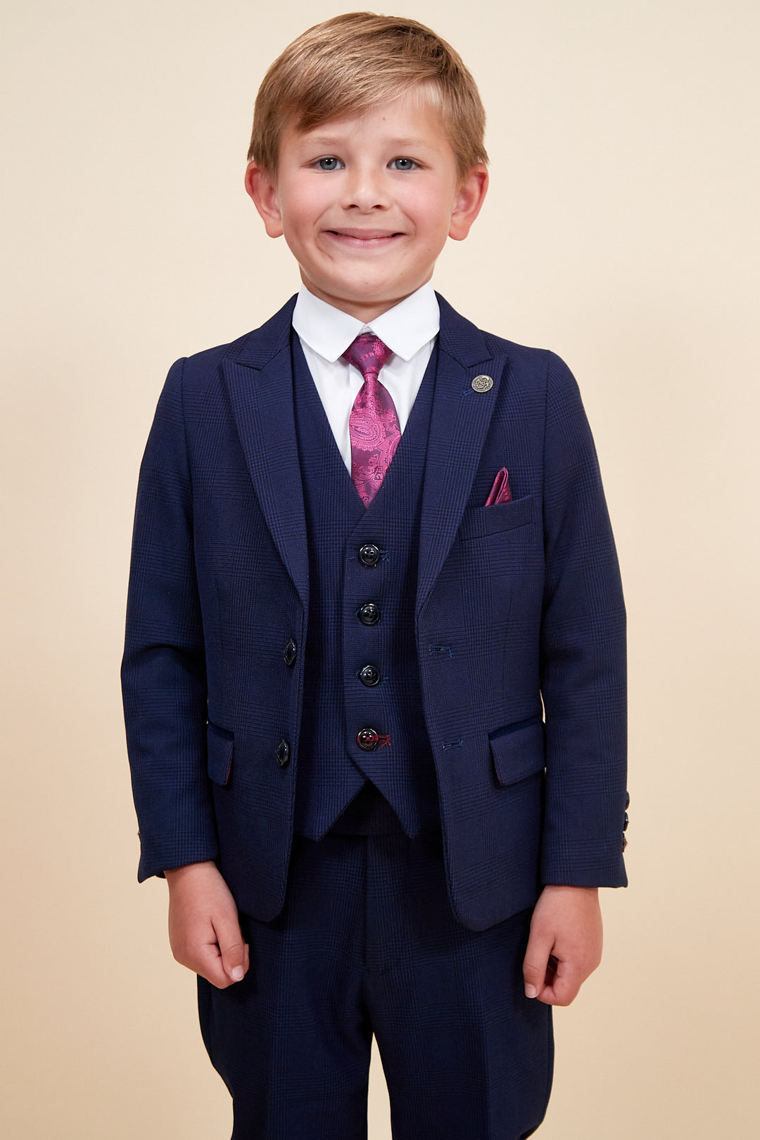 BROMLEY - Children's Navy Check Print Three Piece Suit