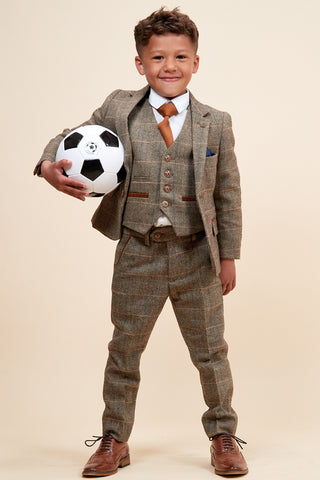 TED - Childrens Tan Tweed Check Three Piece Suit