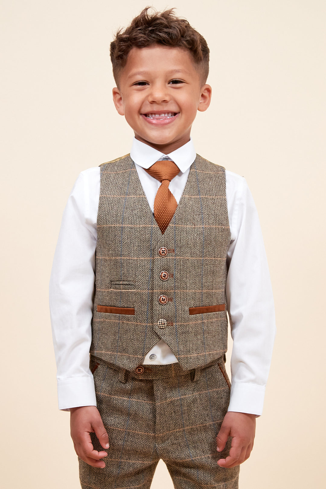 TED - Childrens Tan Tweed Check Three Piece Suit