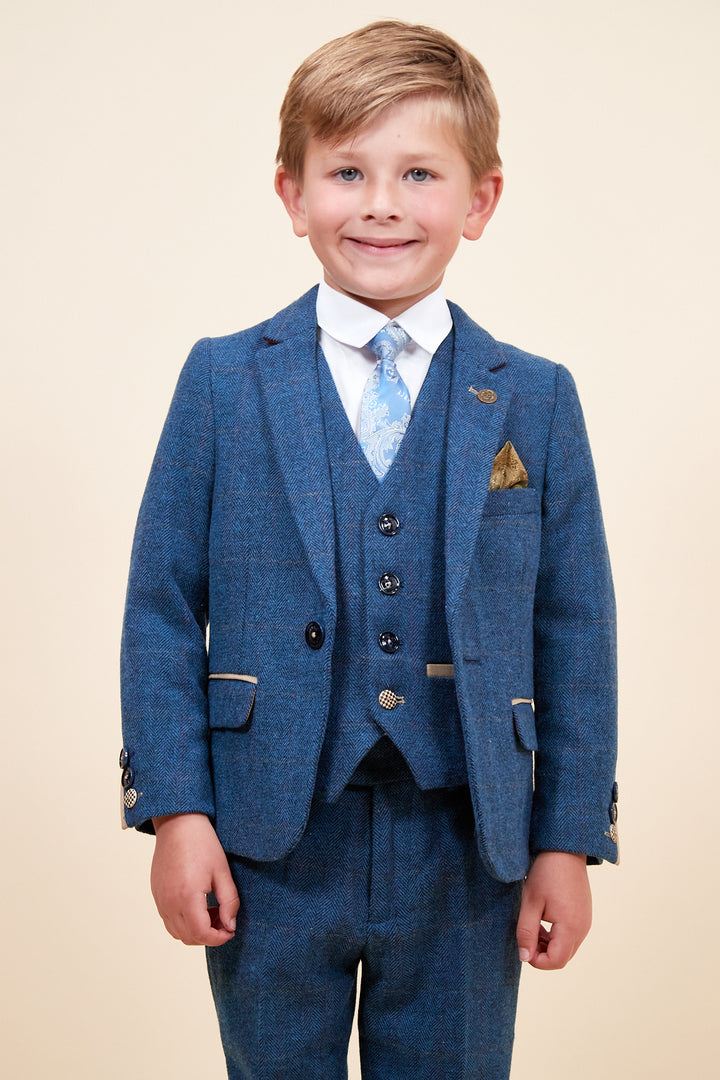 DION - Childrens Blue Tweed Check Three Piece Suit