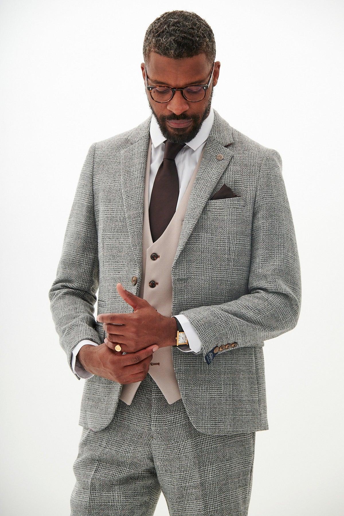 KRIS - Silver Grey Tweed Suit With HM5 Stone Waistcoat