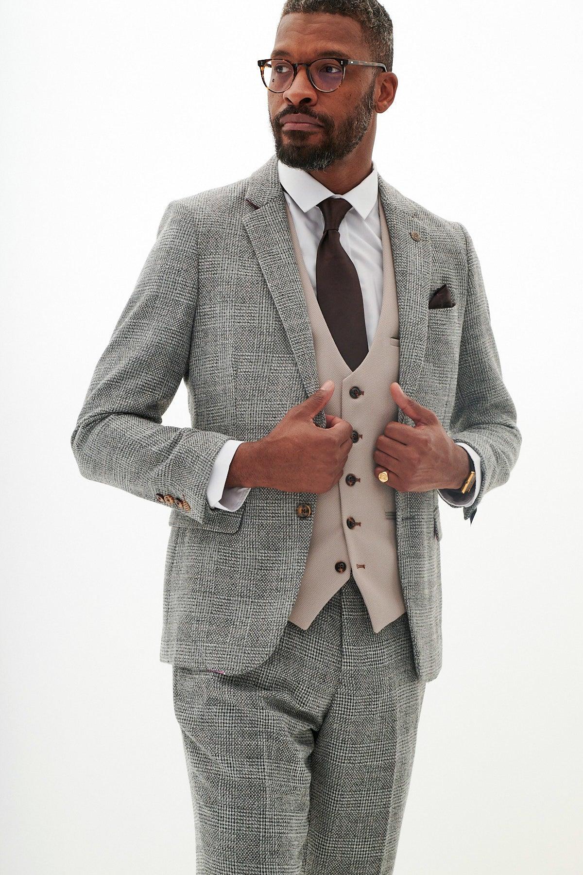 KRIS - Silver Grey Tweed Suit With HM5 Stone Waistcoat