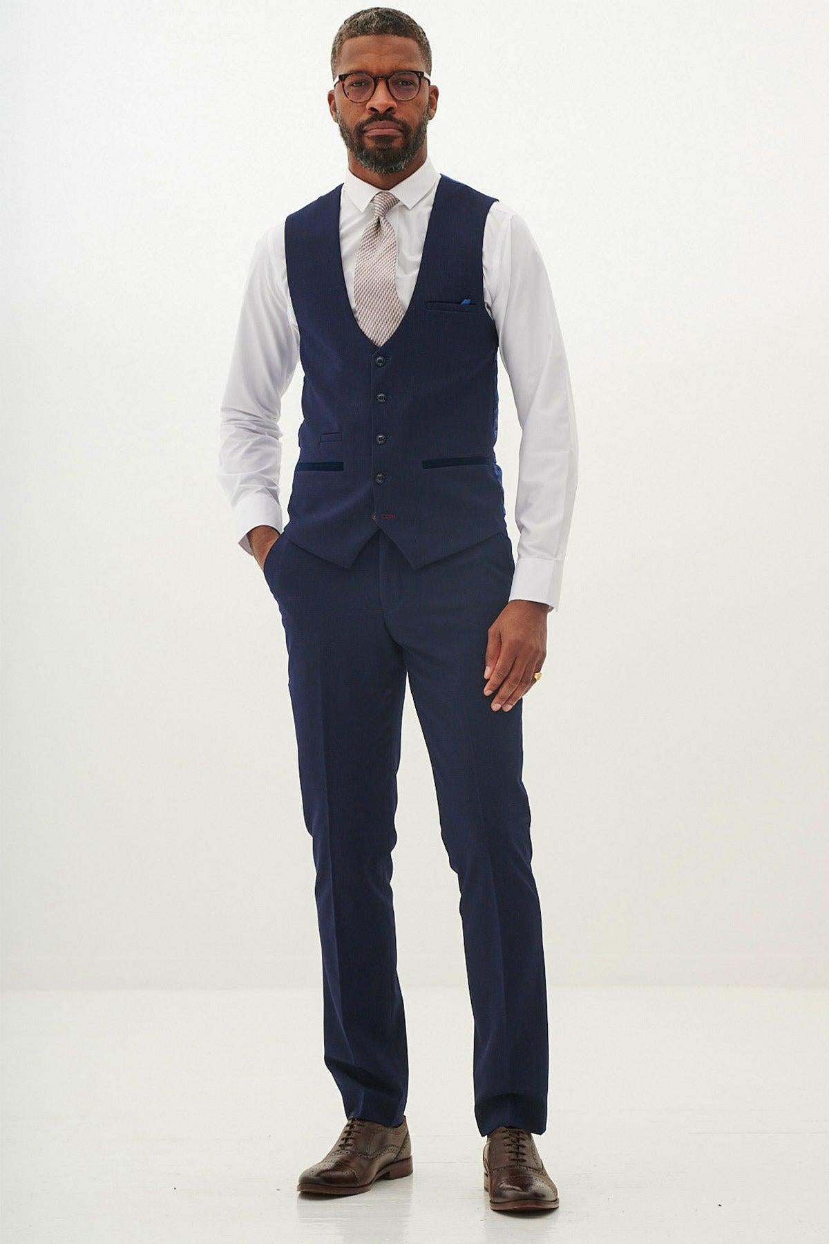 BROMLEY - Navy Single Breasted Check Waistcoat