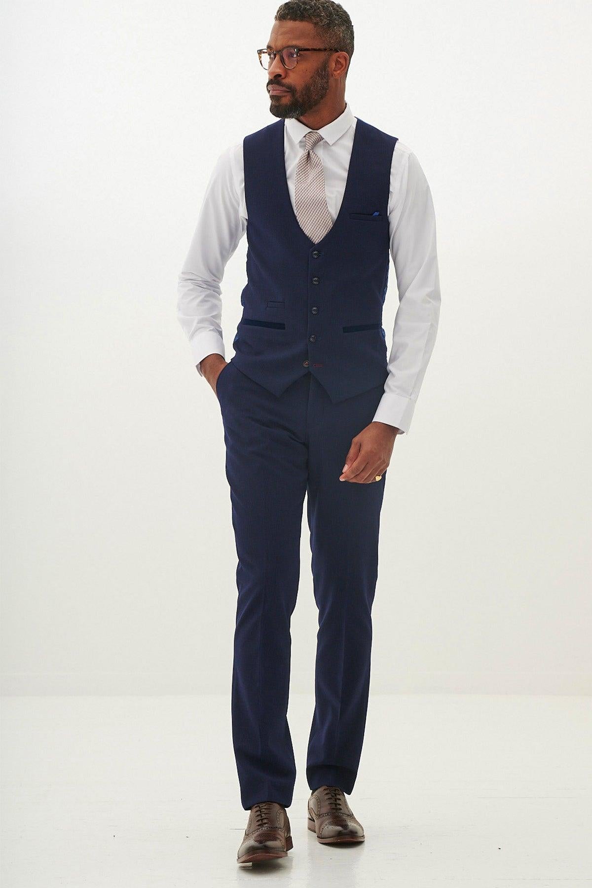 BROMLEY - Navy Single Breasted Check Waistcoat
