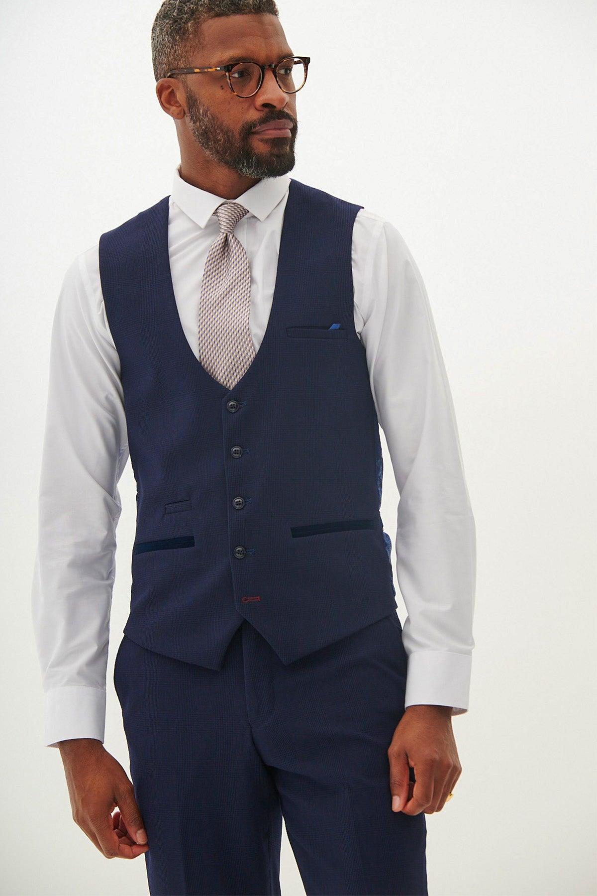 BROMLEY - Navy Single Breasted Check Waistcoat