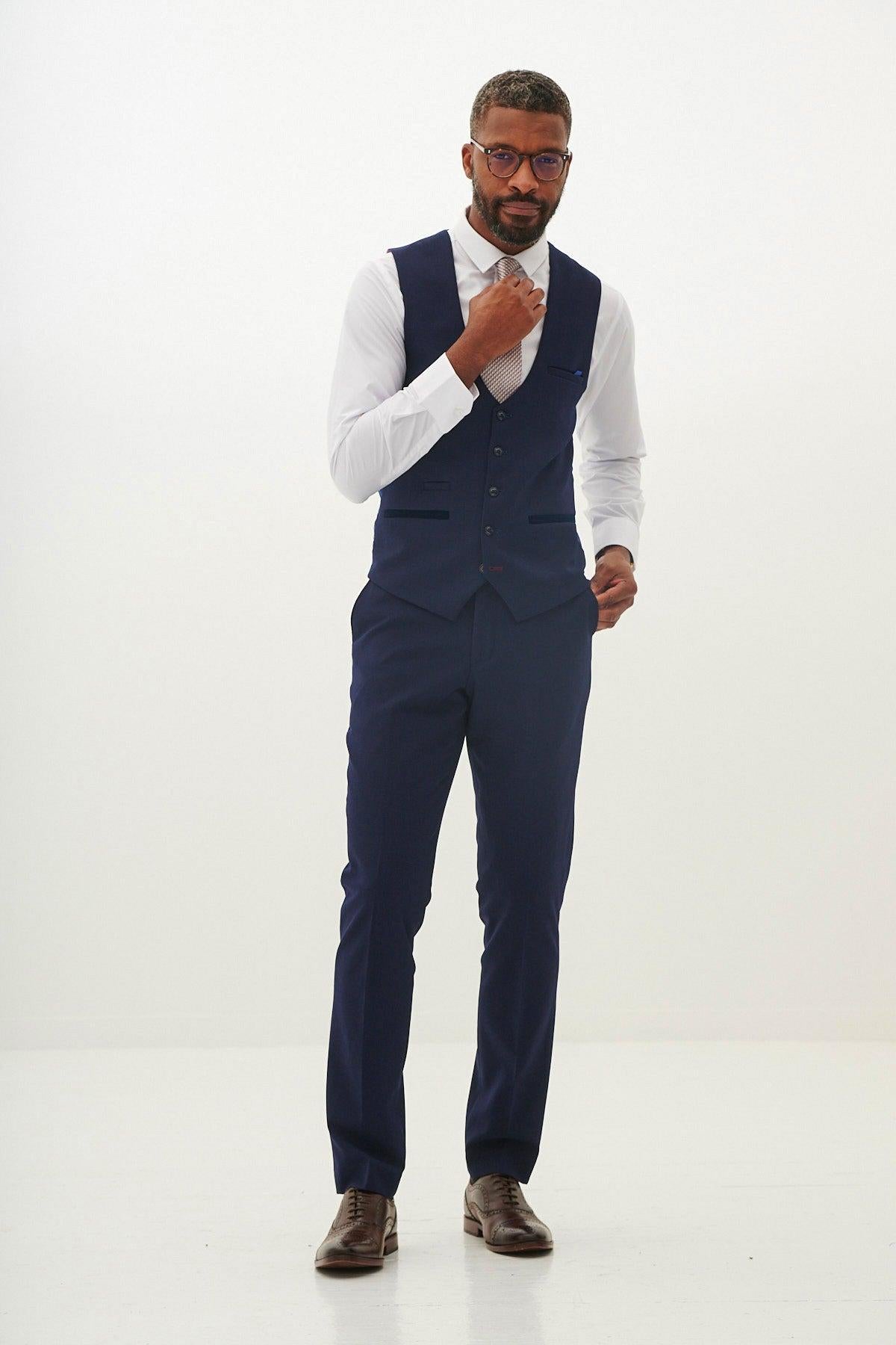 BROMLEY - Navy Single Breasted Check Waistcoat