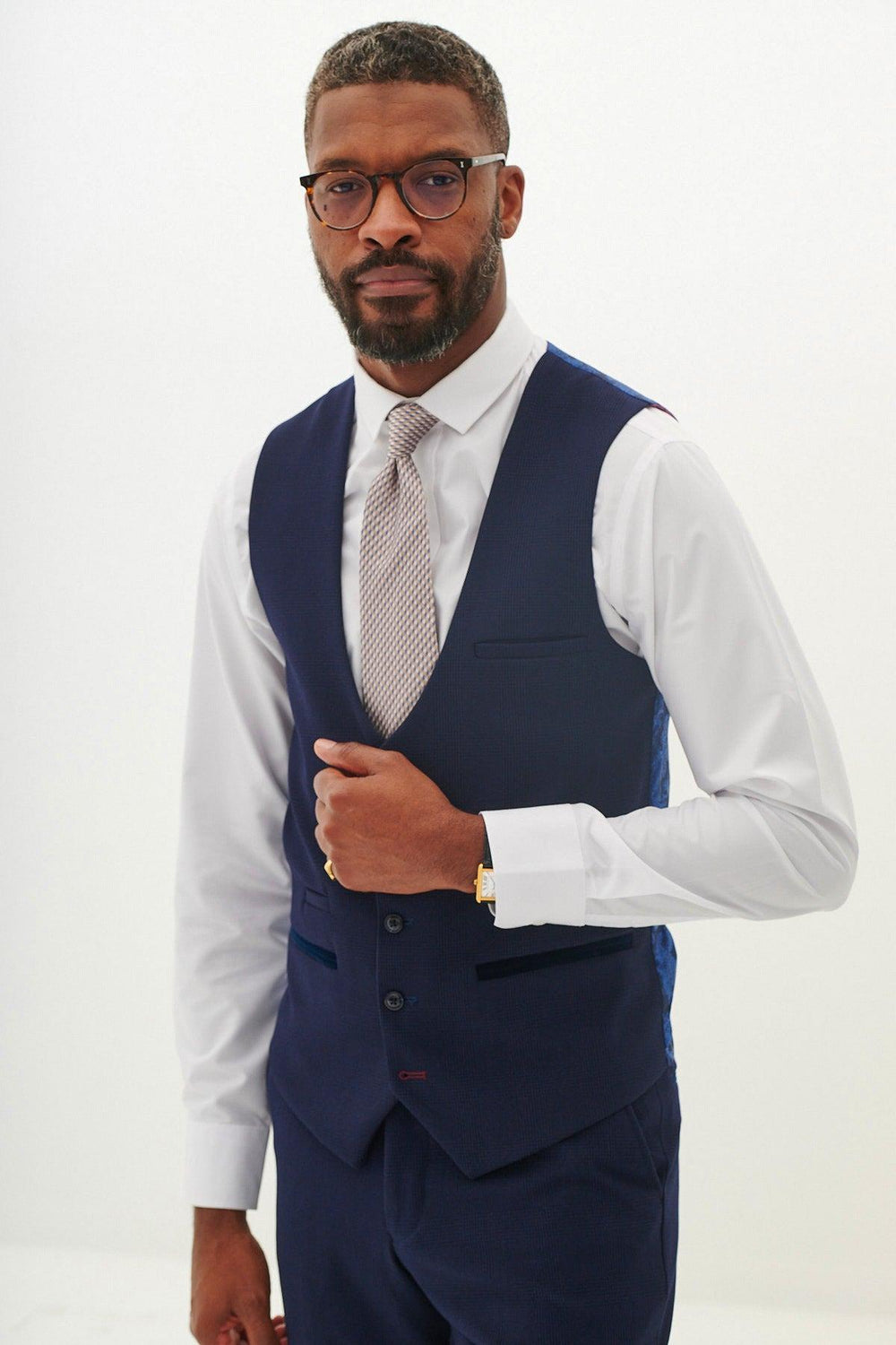 BROMLEY - Navy Single Breasted Check Waistcoat