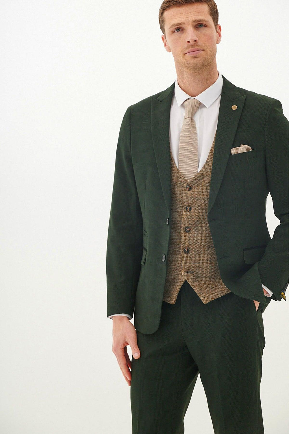 BROMLEY - Olive Green Check Suit With Kris Tan Tweed Waistcoat