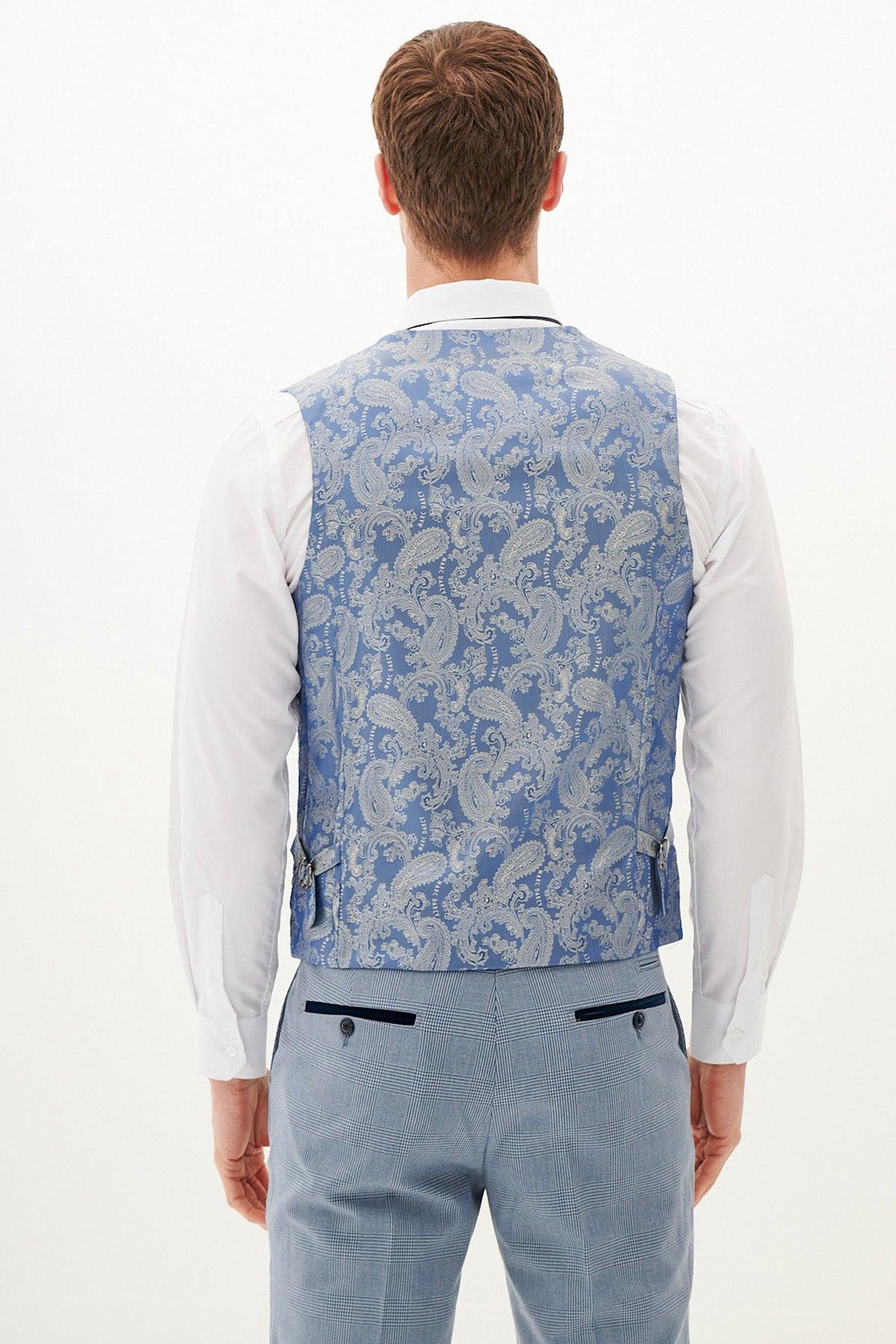 A man is seen from behind wearing the Marc Darcy BROMLEY - Sky Blue Single Breasted Check Waistcoat with matching dress pants and a white shirt, set against a plain white background.