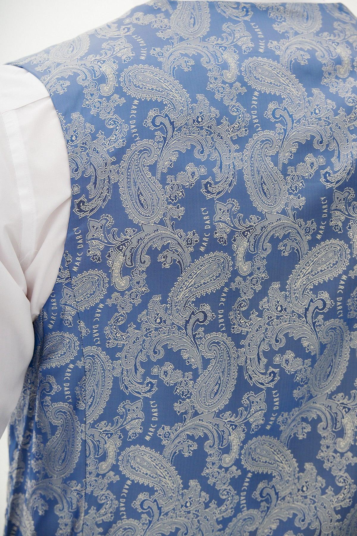 Close-up of the back of a person wearing the Marc Darcy BROMLEY - Sky Blue Single Breasted Check Waistcoat over a white dress shirt, showing only part of their shoulder and upper back.