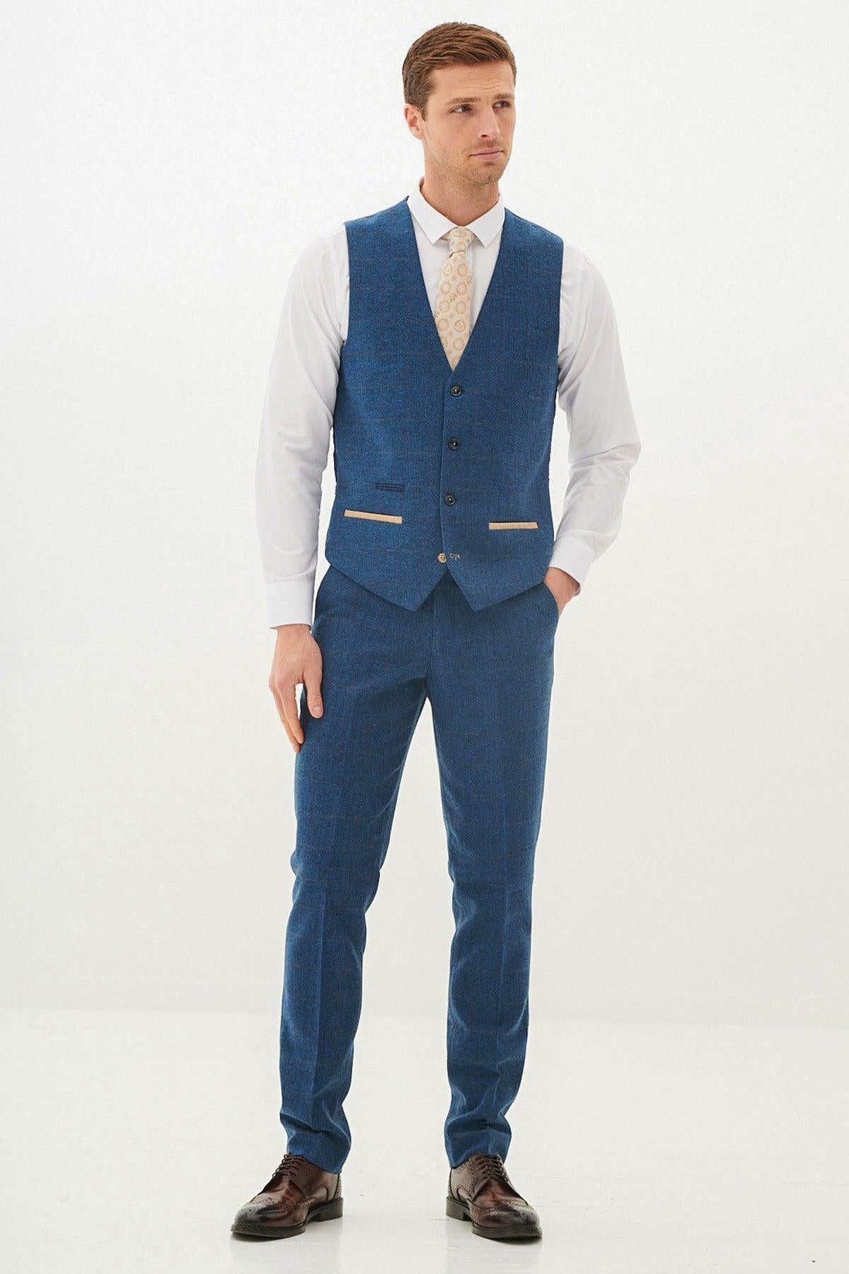 DION - Blue Tweed Check Three Piece Suit