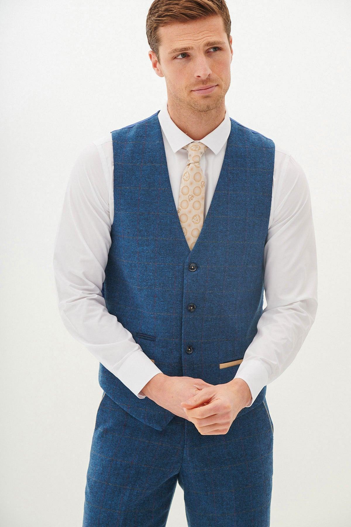 LEN DION - Blue Tweed Check Waistcoat – Marc Darcy