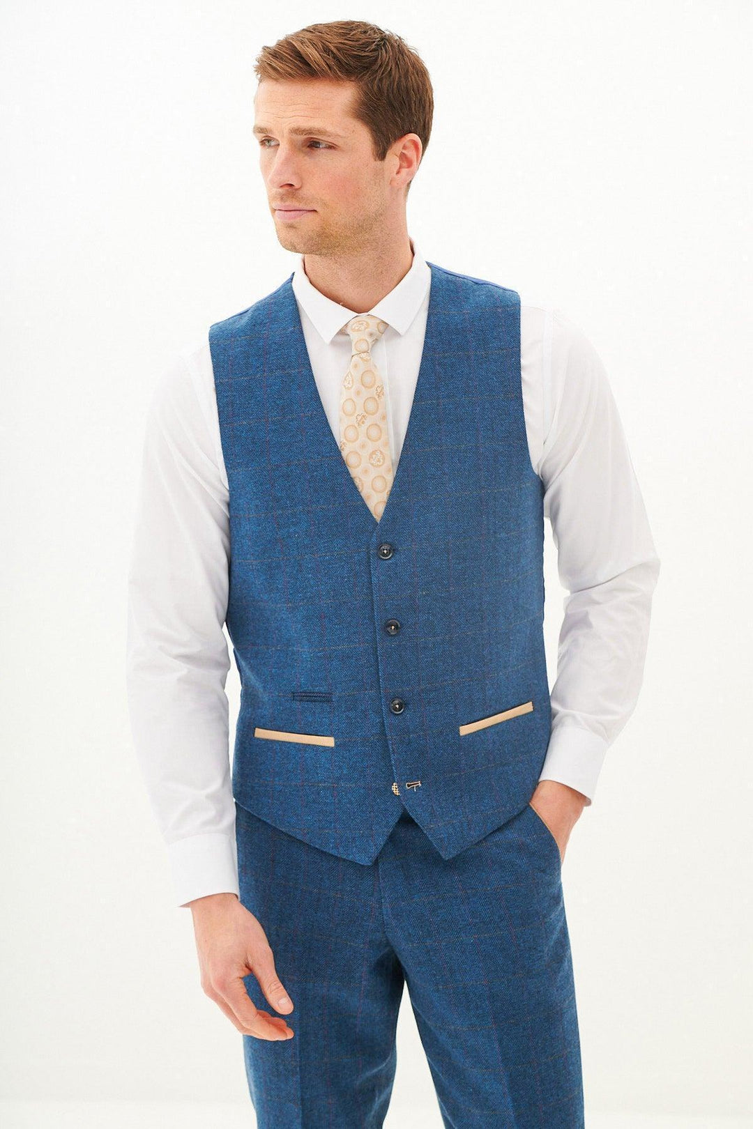 LEN DION Blue Tweed Check Waistcoat