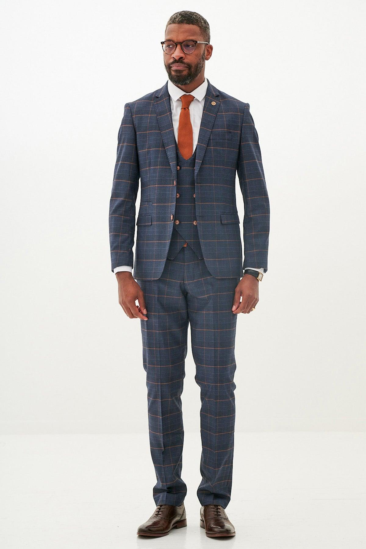 JENSON - Marine Navy Check Suit With Double Breasted Waistcoat