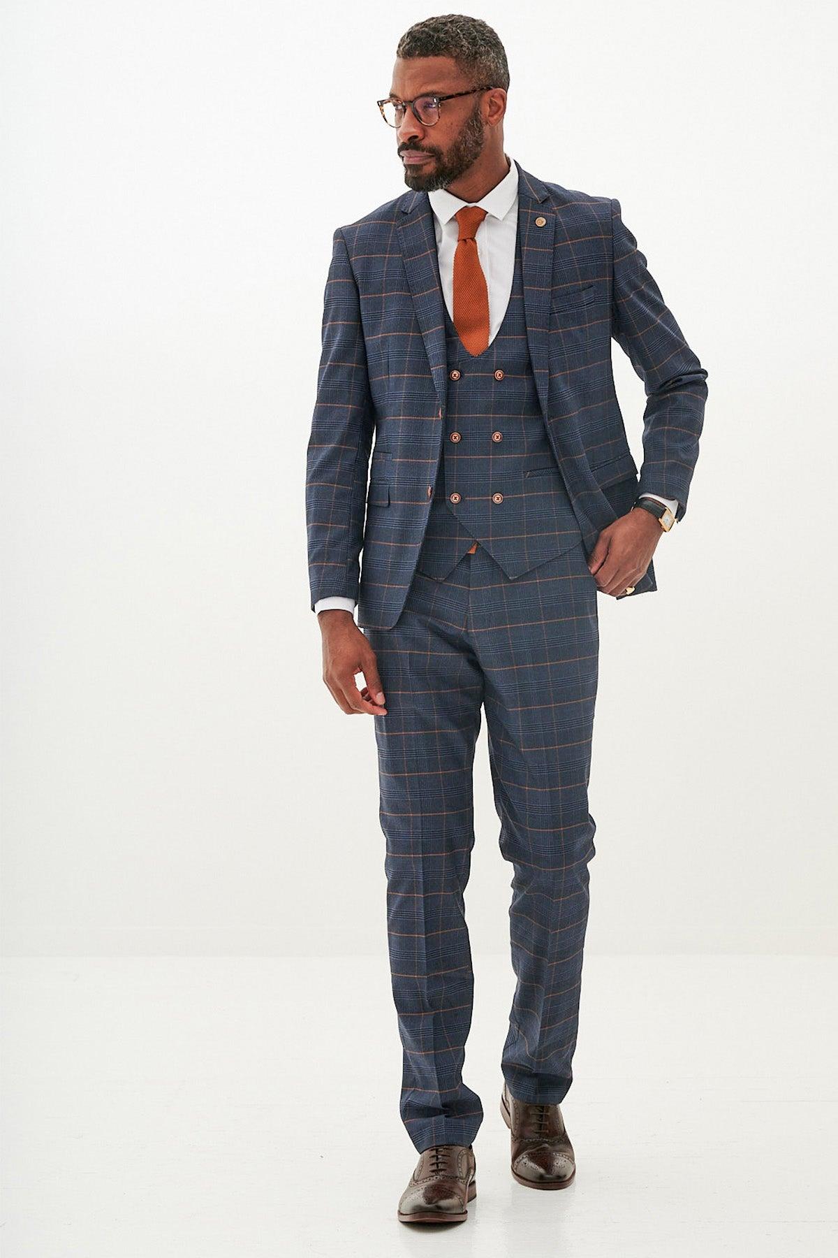 JENSON - Marine Navy Check Suit With Double Breasted Waistcoat