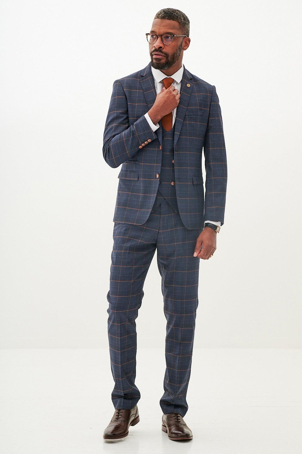 JENSON - Marine Navy Check Suit With Double Breasted Waistcoat