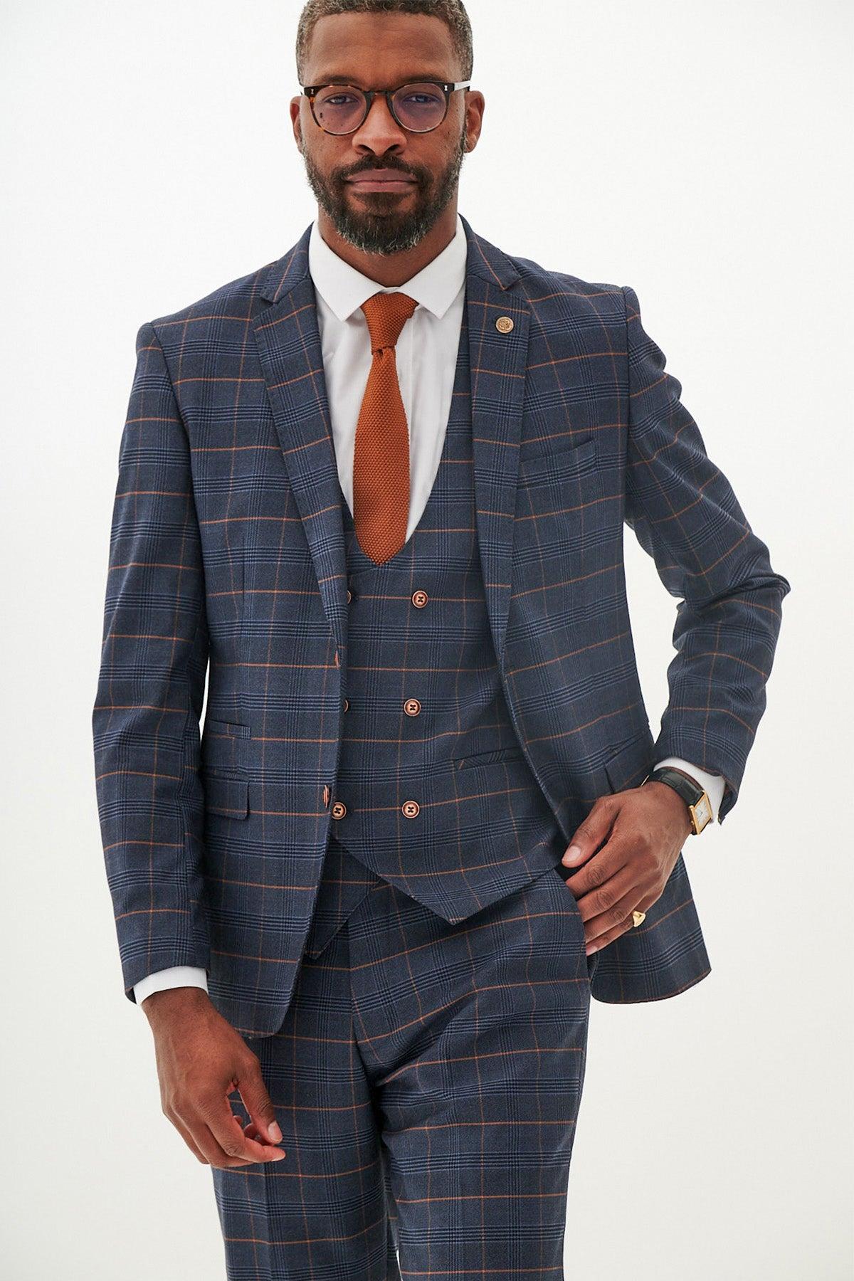 JENSON - Marine Navy Check Suit With Double Breasted Waistcoat