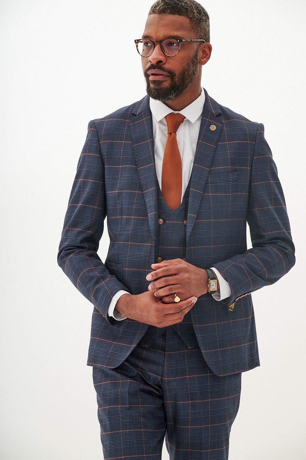 JENSON - Marine Navy Check Suit With Double Breasted Waistcoat