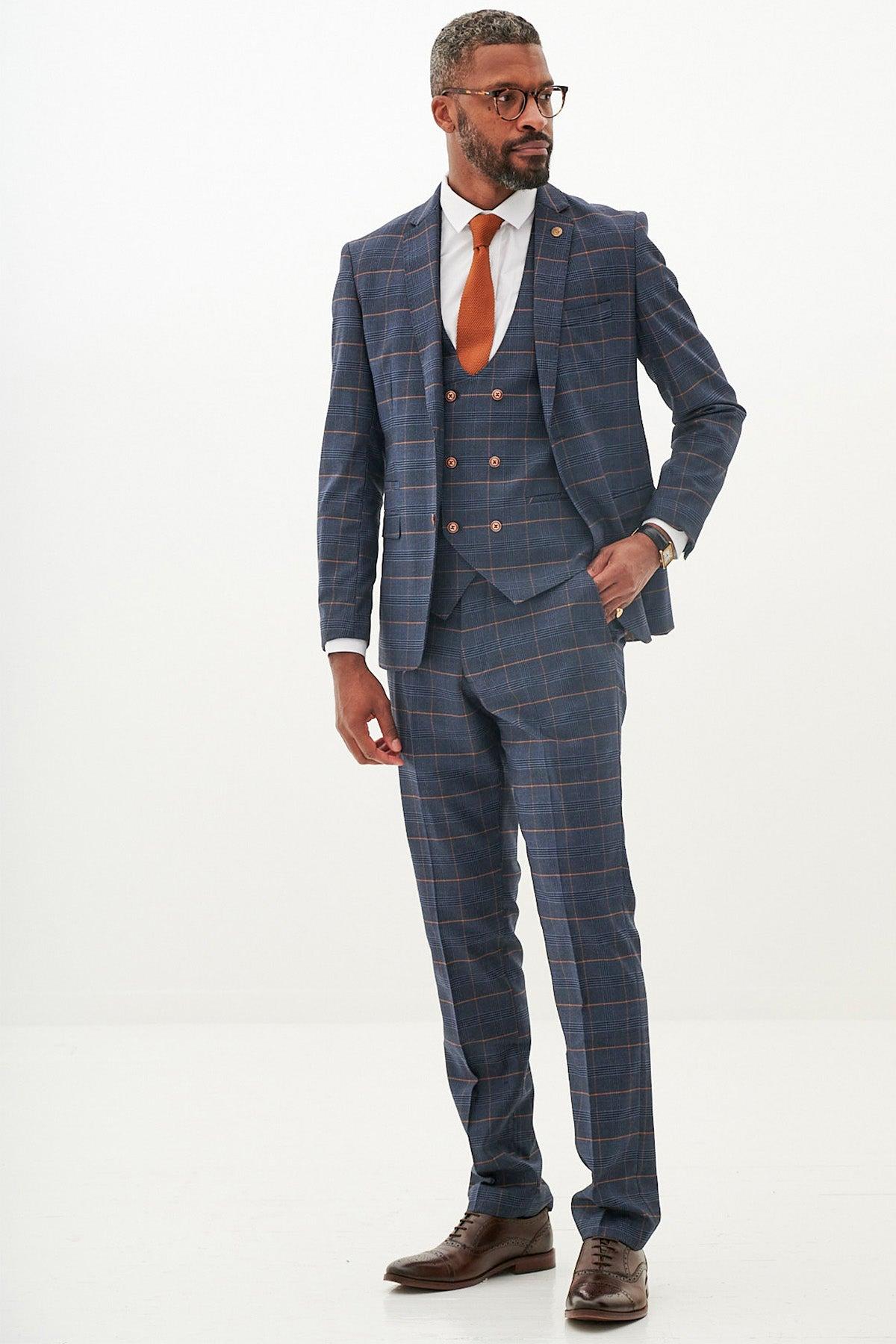 JENSON - Marine Navy Check Suit With Double Breasted Waistcoat