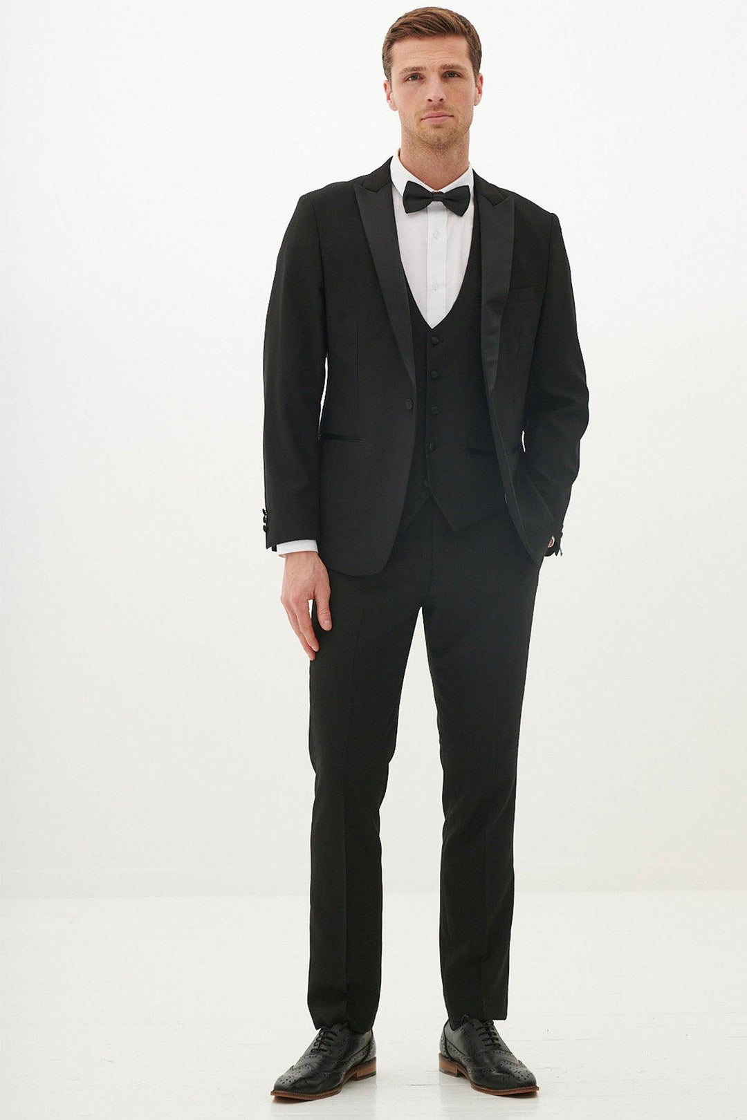 DALTON - Black Tux Lapel Diamond Three Piece Suit