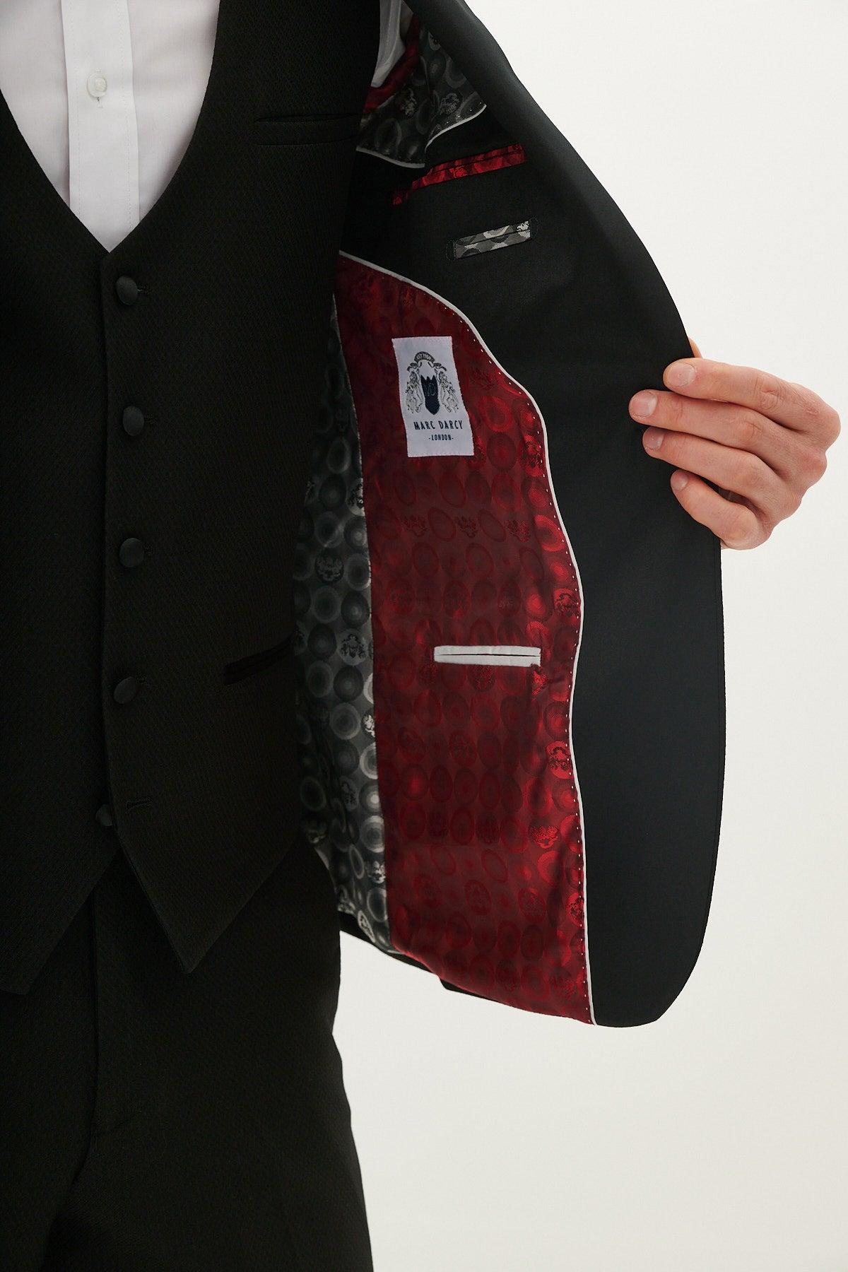 Matching Father & Son | DALTON - Black Tux Three Piece Suit by marcdarcy featuring a patterned red lining and branded with the marcdarcy label.