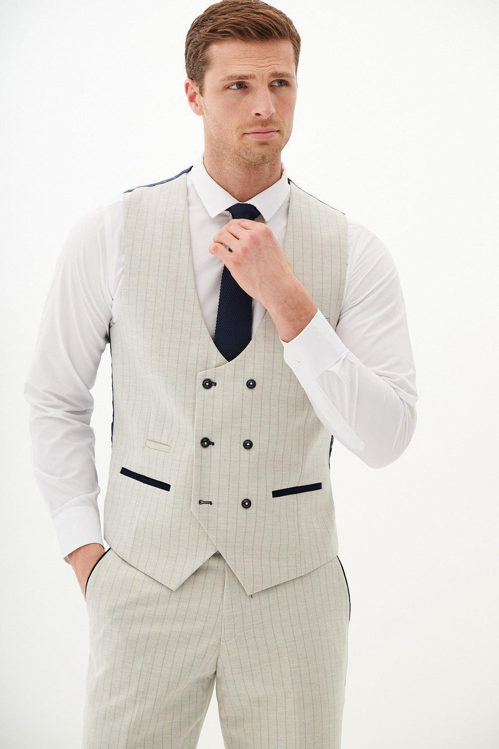 GRANT - Stone Double Breasted Pinstripe Waistcoat